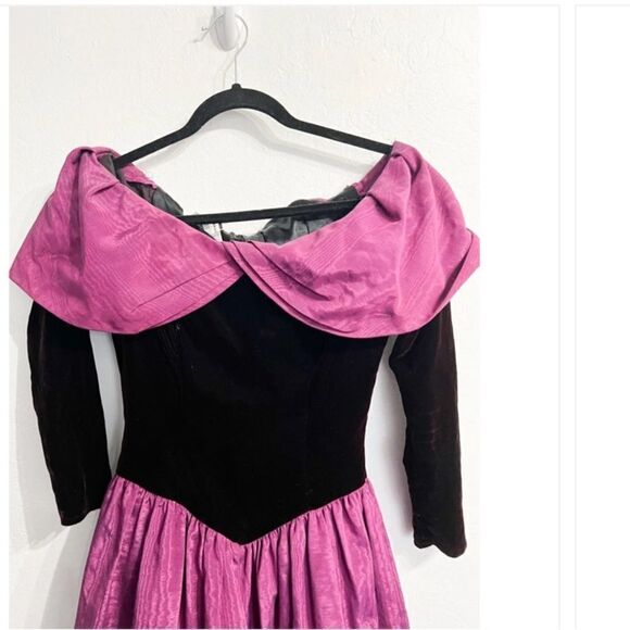 Vintage Jessica McClintock Off Shoulder Velvet Taffeta Purple Burgundy 4 90s 80s - Picture 3 of 10